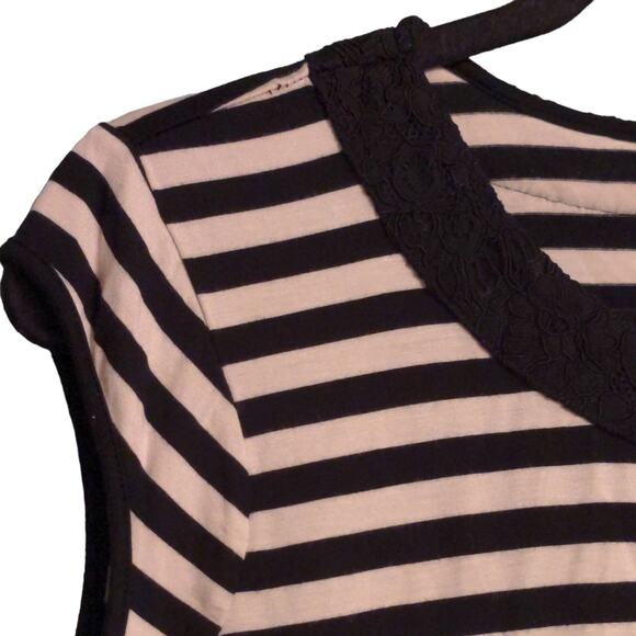 Karl Lagerfeld Womens T-Shirt Black Striped Cap Sleeve Scoop Neck Stretch Lace S - Picture 2 of 9